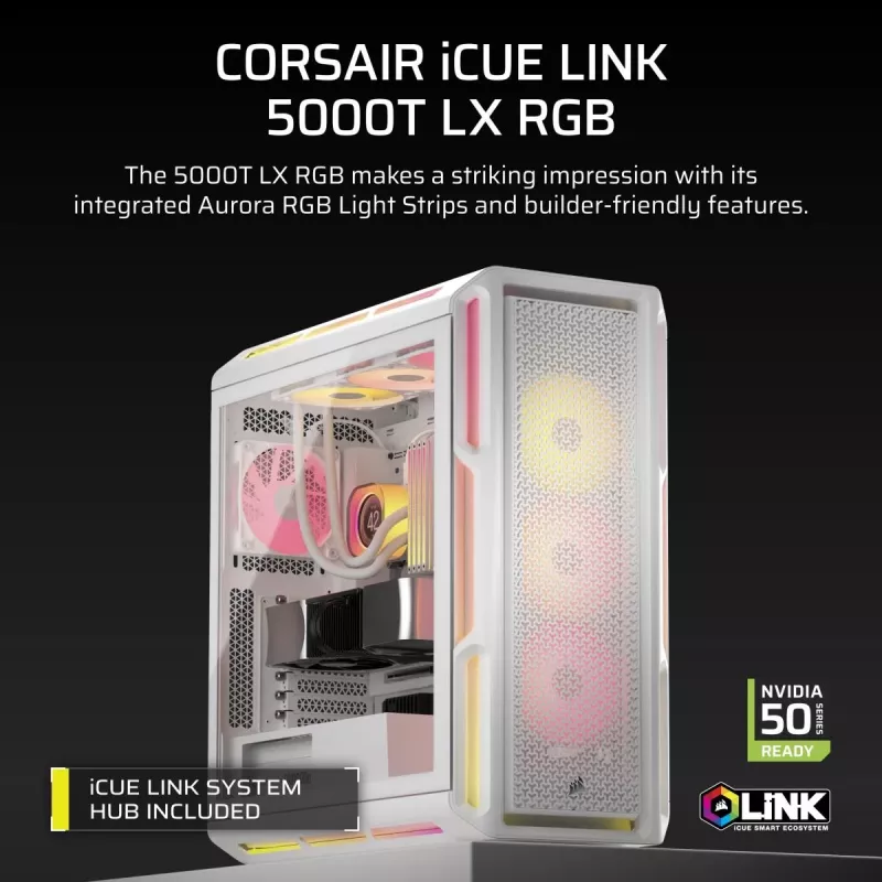 CORSAIR PC korpusas - Geh Midi 5000T LX RGB (grūdintas stiklas) baltas