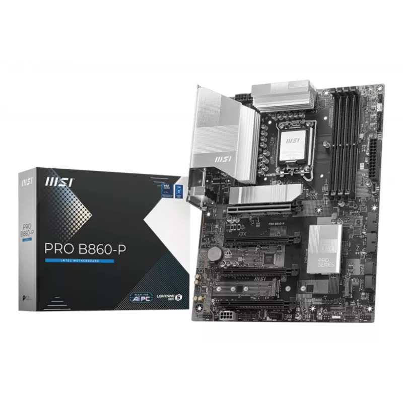 Pagrindinė plokštė MSI PRO B860-P — Intel B860, LGA 1851, ATX, DDR5, 4 DIMM, 3×M.2, 5Gb LAN, HDMI 2.1