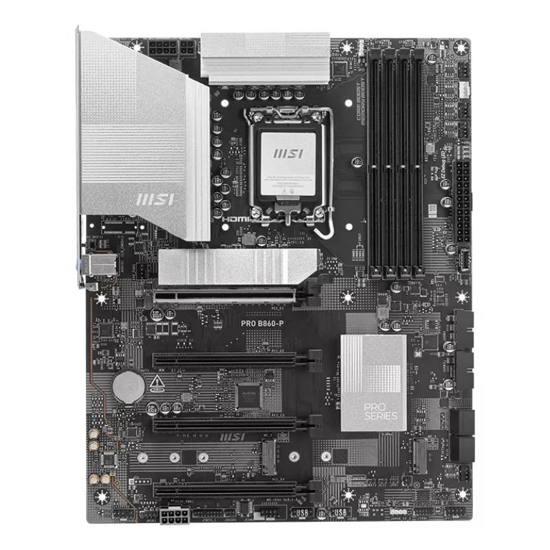 Pagrindinė plokštė MSI PRO B860-P — Intel B860, LGA 1851, ATX, DDR5, 4 DIMM, 3×M.2, 5Gb LAN, HDMI 2.1