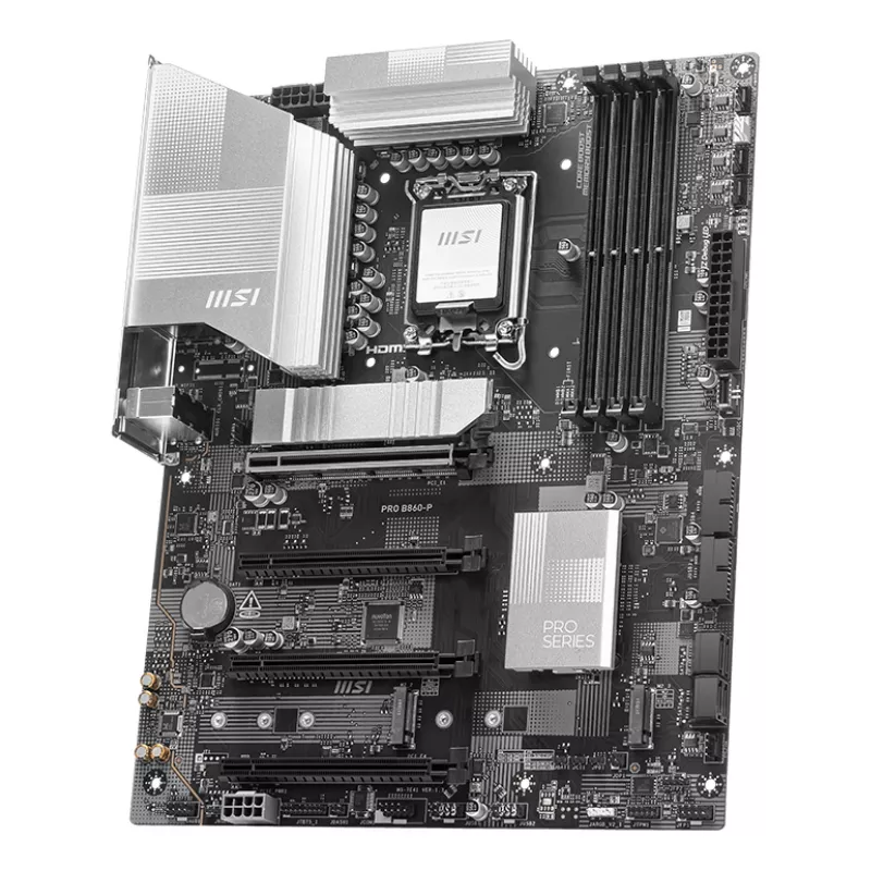 Pagrindinė plokštė MSI PRO B860-P — Intel B860, LGA 1851, ATX, DDR5, 4 DIMM, 3×M.2, 5Gb LAN, HDMI 2.1
