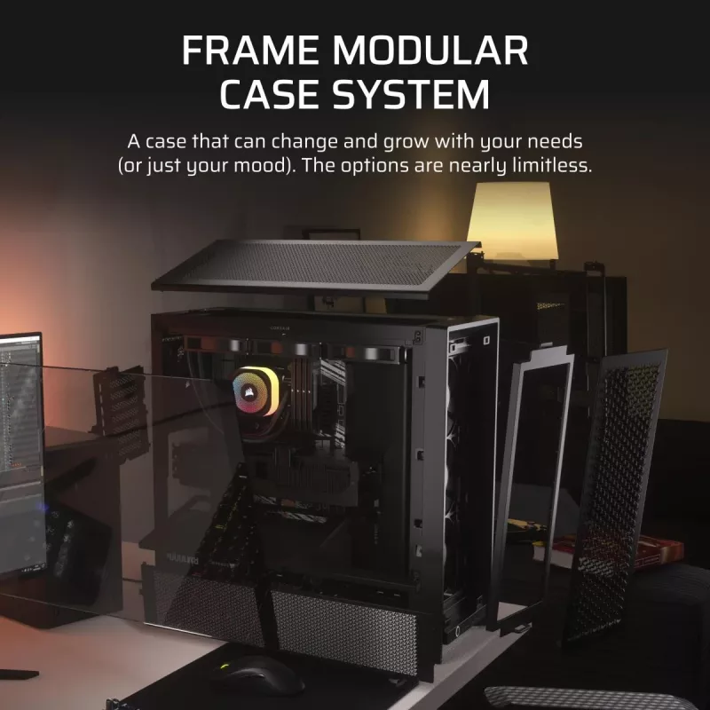 PC korpusas CORSAIR FRAME 4000D RS Midi Tower — juodas, EATX palaikymas, grūdintas stiklas, USB-C, 3x120mm priekiniai ventiliatoriai