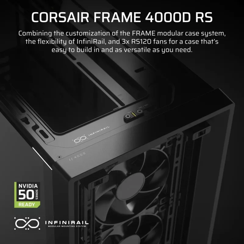 PC korpusas CORSAIR FRAME 4000D RS Midi Tower — juodas, EATX palaikymas, grūdintas stiklas, USB-C, 3x120mm priekiniai ventiliatoriai