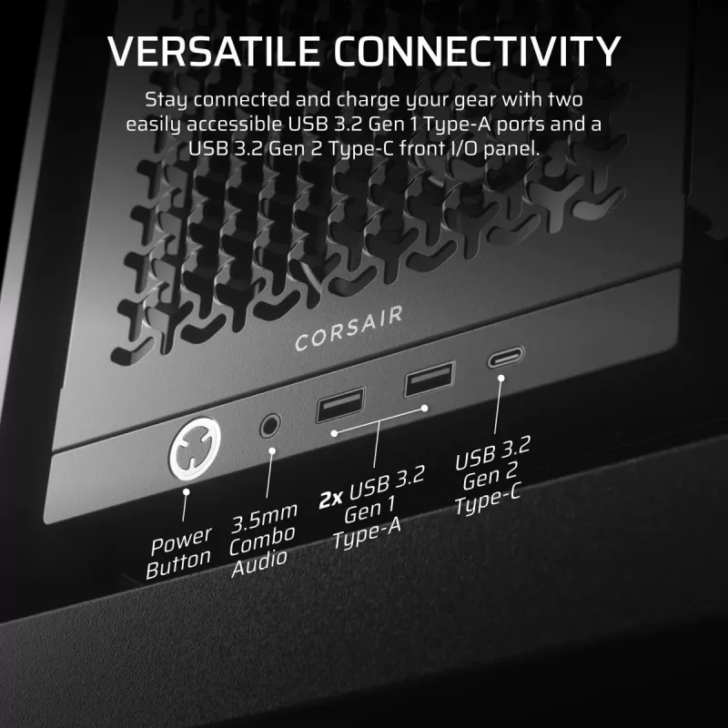 PC korpusas CORSAIR FRAME 4000D RS Midi Tower — juodas, EATX palaikymas, grūdintas stiklas, USB-C, 3x120mm priekiniai ventiliatoriai