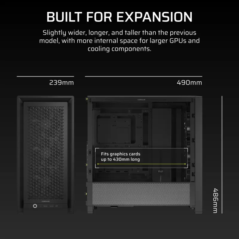 PC korpusas CORSAIR FRAME 4000D RS Midi Tower — juodas, EATX palaikymas, grūdintas stiklas, USB-C, 3x120mm priekiniai ventiliatoriai