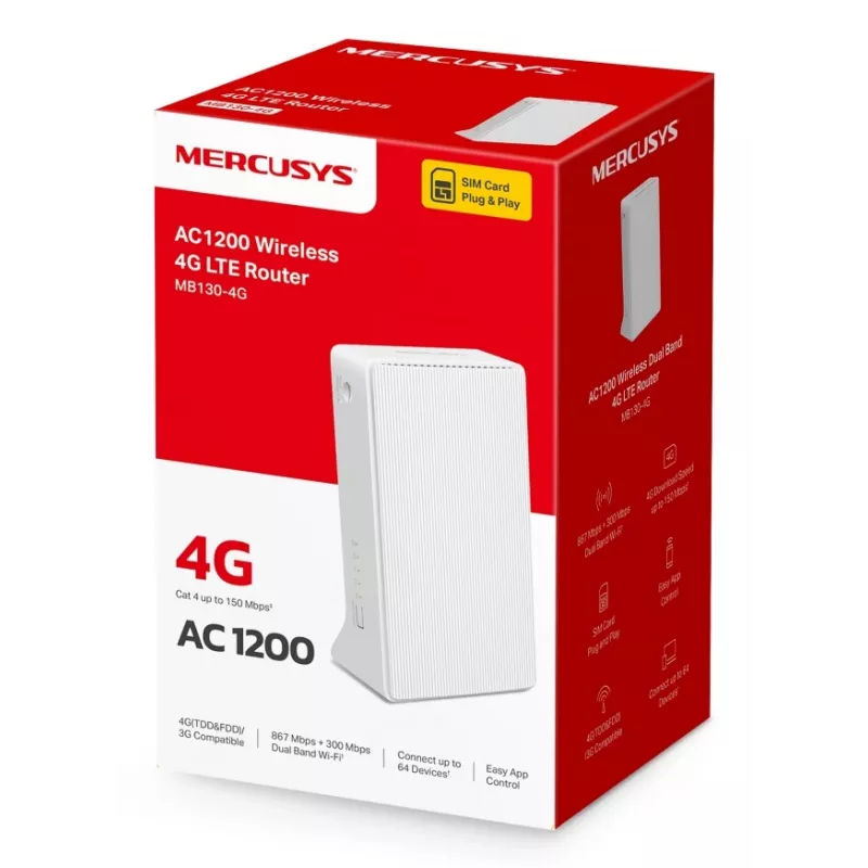 MERCUSYS Mb130-4g belaidis maršrutizatorius Ethernet dviejų dažnių (2,4 GHz / 5 GHz) - balta