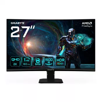 GIGABYTE GS27QCA 27 colių QHD lenktas žaidimų monitorius - 2560 x 1440, 180Hz, 1ms, 250 cd/m², FreeSync, HDR Ready, HDMI 2.0, Displayport 1.4