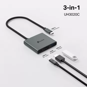 USB Type-C Hub TP-Link UH3020C — 3 prievadai (HDMI, USB-A, USB-C), 5 Gbit/s, HDMI 4K@60Hz, PD iki 100W, aliuminis, 0,18 m laidas