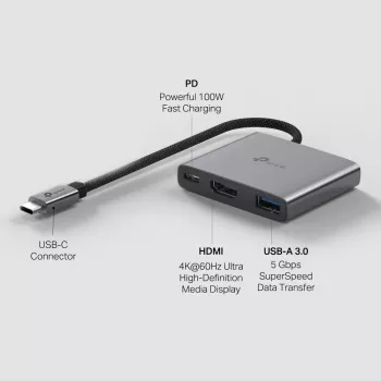 USB Type-C Hub TP-Link UH3020C — 3 prievadai (HDMI, USB-A, USB-C), 5 Gbit/s, HDMI 4K@60Hz, PD iki 100W, aliuminis, 0,18 m laidas