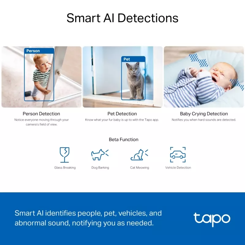 TP-Link Tapo Pan/Tilt AI Home Security Wi-Fi Camera SPEC: 3K 5MP (2880×1620), 2.4 GHz, Horizontal 360º