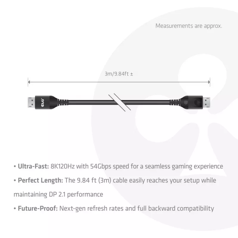 CLUB3D DisplayPort™ 2.1 DP54™ VESA® sertifikuotas kabelis 8K120Hz 3m/ 9.84ft