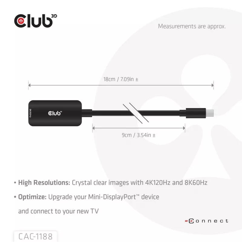 Adapter club 3d Mini DisplayPort 1.4 to HDMI 8K60Hz M/F, Mini DisplayPort jungtis