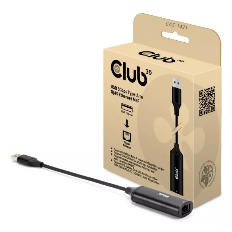 Kabelio lyties keitiklis CLUB3D CAC-1421 USB Typee-A į RJ45 0.245m Juoda