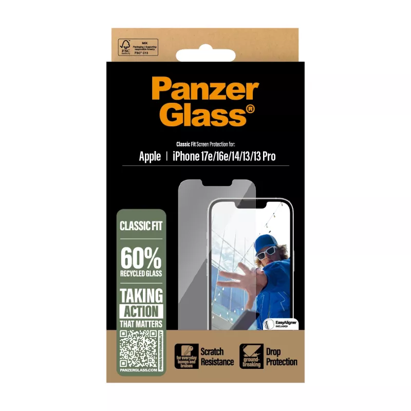 PanzerGlass® Ekrano apsauga iPhone 17e | 16e | 14 | 13 | 13 Pro | Classic Fit su EasyAligner