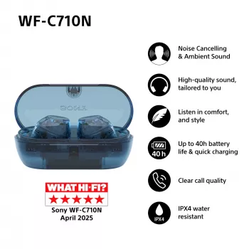 Ausinės Sony WFC710NL.CE7 į ausį įdedamos True Wireless belaidės ausinės, Bluetooth 5.3, ANC, IPX4, 8,5/12 h atkūrimas, stiklo mėlyna