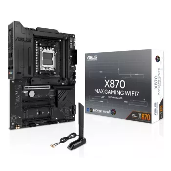 Motininė plokštė ASUS X870 MAX GAMING WIFI7 ATX — AMD X870, Socket AM5, DDR5, 4 DIMM, 256 GB, Wi‑Fi 7, Bluetooth 5.4, 3 M.2, 2x USB4 Gen3x2