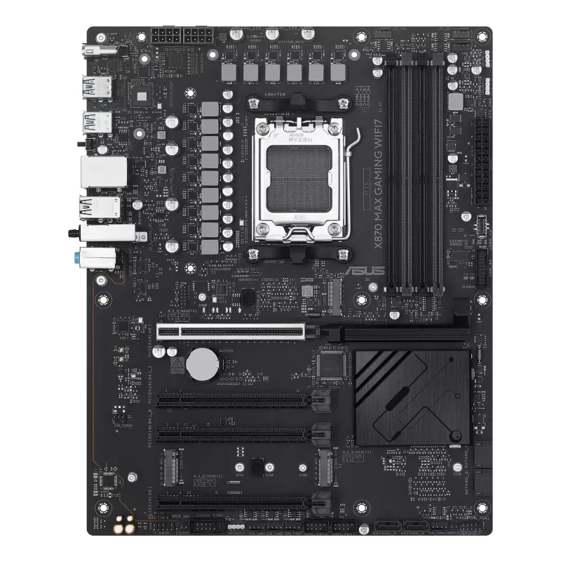 Motininė plokštė ASUS X870 MAX GAMING WIFI7 ATX — AMD X870, Socket AM5, DDR5, 4 DIMM, 256 GB, Wi‑Fi 7, Bluetooth 5.4, 3 M.2, 2x USB4 Gen3x2