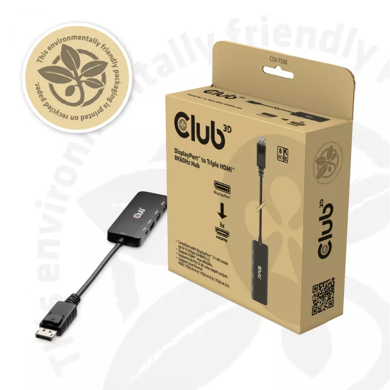 CLUB3D DisplayPort™ į Triple HDMI™ 8K60Hz šakotuvas, DisplayPort, HDMI, 2.1b/1.4a, 13,5 Mbit/s, 120 Hz, 3840 x 2160, 7680 x 4320
