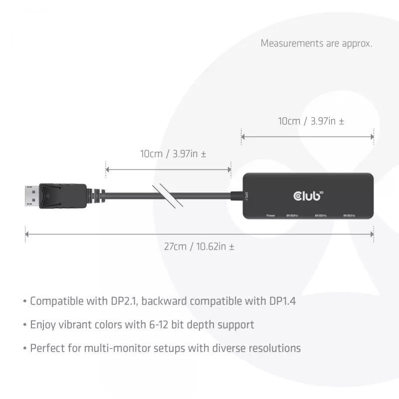 CLUB3D DisplayPort™ į Triple HDMI™ 8K60Hz šakotuvas, DisplayPort, HDMI, 2.1b/1.4a, 13,5 Mbit/s, 120 Hz, 3840 x 2160, 7680 x 4320