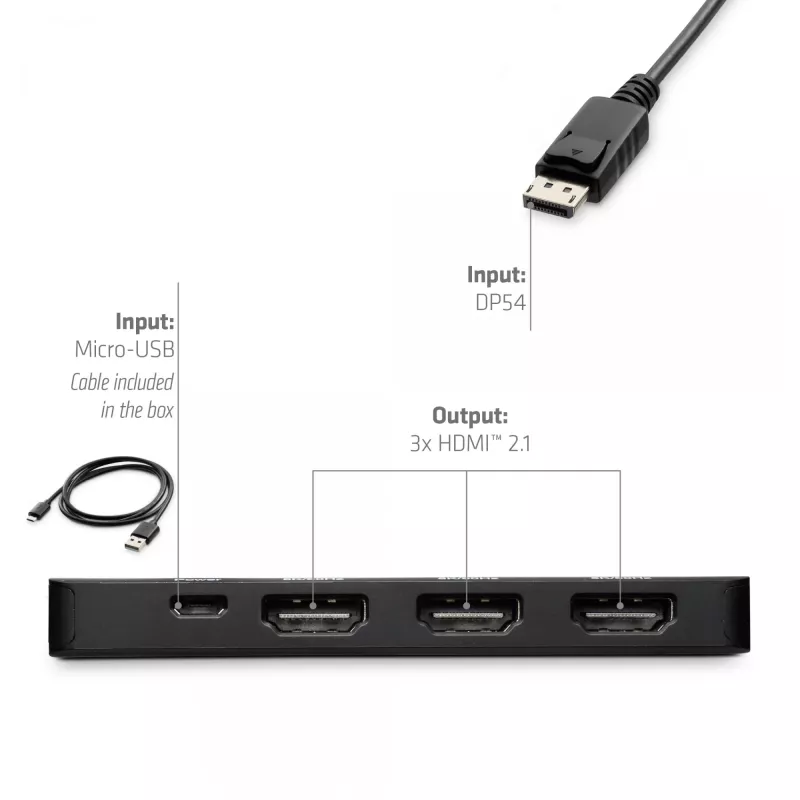 CLUB3D DisplayPort™ į Triple HDMI™ 8K60Hz šakotuvas, DisplayPort, HDMI, 2.1b/1.4a, 13,5 Mbit/s, 120 Hz, 3840 x 2160, 7680 x 4320