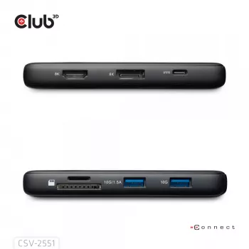 CLUB3D 8-1 nešiojamas dokas USB Type-C® 10Gbps į HDMI™ ir DisplayPort™ 8K30Hz PD iki 100W