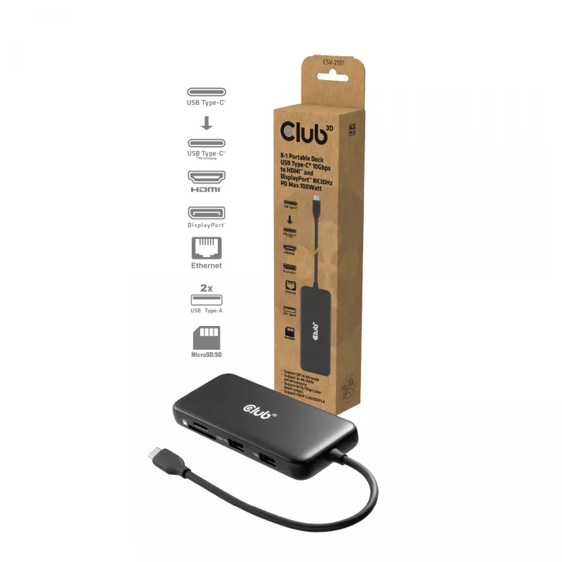 CLUB3D 8-1 nešiojamas dokas USB Type-C® 10Gbps į HDMI™ ir DisplayPort™ 8K30Hz PD iki 100W