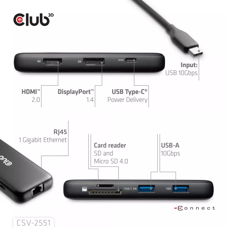 CLUB3D 8-1 nešiojamas dokas USB Type-C® 10Gbps į HDMI™ ir DisplayPort™ 8K30Hz PD iki 100W