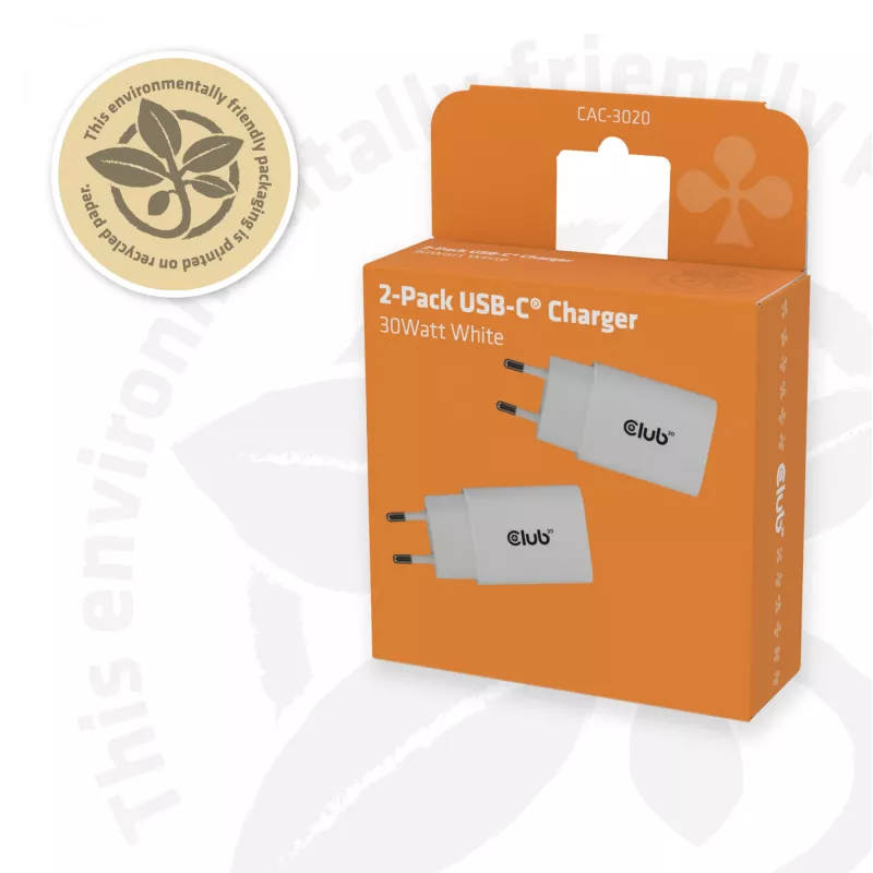 USB‑C įkroviklis 2 vnt. rinkinys CLUB3D CAC-3020, 30 W bendra galia, balta