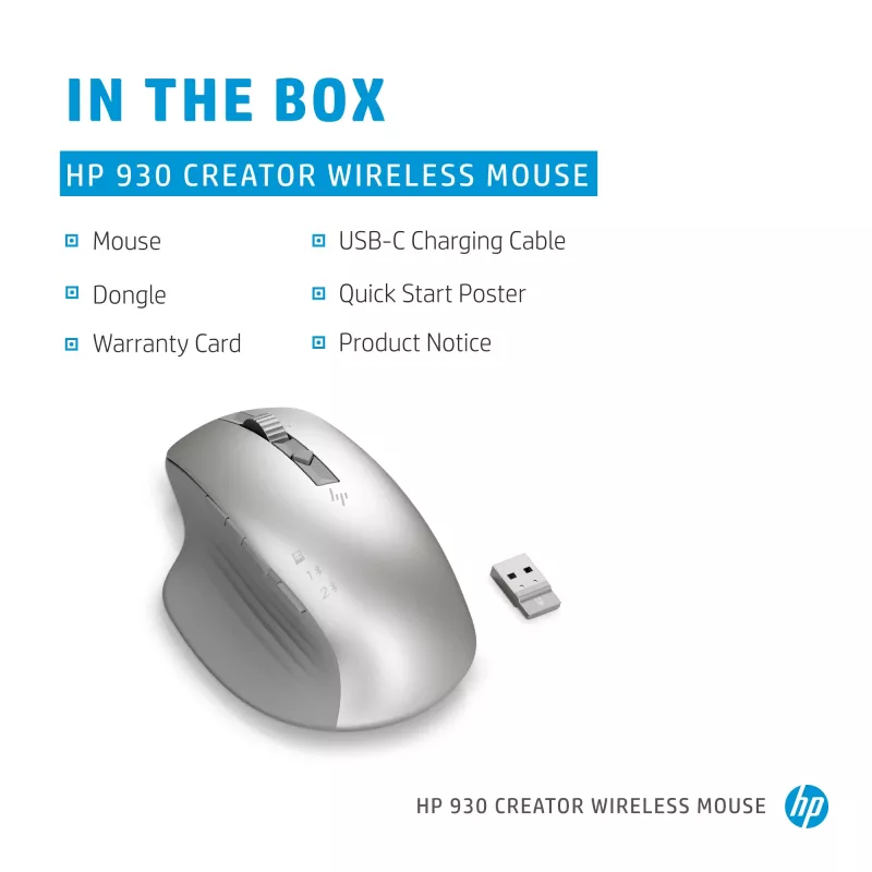 HP 930 Creator belaidė pelė, dešinei rankai, Bluetooth, 3000 DPI, sidabrinė
