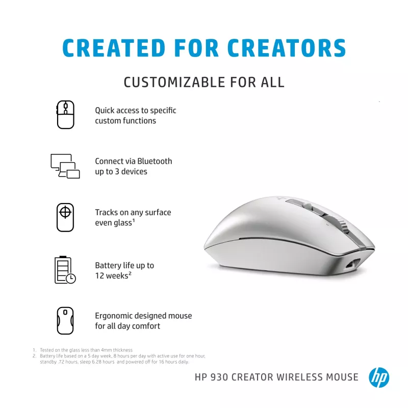 HP 930 Creator belaidė pelė, dešinei rankai, Bluetooth, 3000 DPI, sidabrinė