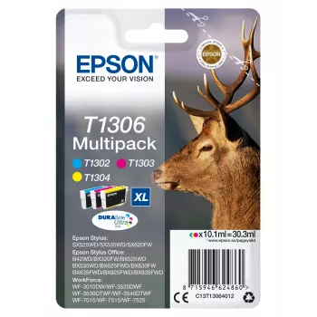„Epson Stag“ daugiaspalvė pakuotė, 3 spalvų T1306 DURABrite Ultra rašalas, didelės talpos (XL), žydra, rausvai raudona, geltona, pigmentinis rašalas, 10,1 ml, 1 vnt., kelių dalių pakuotė