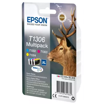 „Epson Stag“ daugiaspalvė pakuotė, 3 spalvų T1306 DURABrite Ultra rašalas, didelės talpos (XL), žydra, rausvai raudona, geltona, pigmentinis rašalas, 10,1 ml, 1 vnt., kelių dalių pakuotė