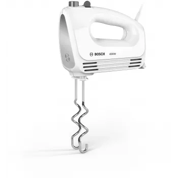 Rankinis plaktuvas Bosch MFQ24200 — 400 W, 4 greičiai, turbo, šlifuotas plienas/baltas