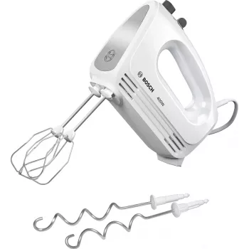 Rankinis plaktuvas Bosch MFQ24200 — 400 W, 4 greičiai, turbo, šlifuotas plienas/baltas