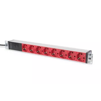 DIGITUS 1U Aliuminis PDU, rackmountable 10A Plug, 250VAC 50/60Hz, 8x Raudona CEE 7/7 outlet pre-fuse, IEC C14 plug