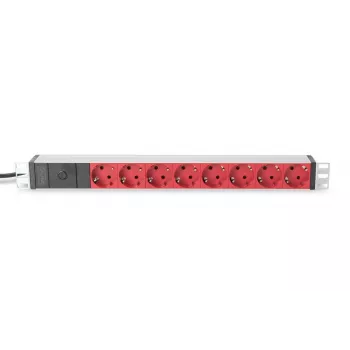 DIGITUS 1U Aliuminis PDU, rackmountable 10A Plug, 250VAC 50/60Hz, 8x Raudona CEE 7/7 outlet pre-fuse, IEC C14 plug