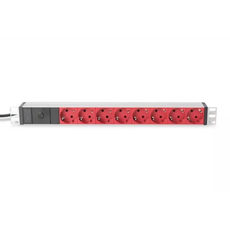 DIGITUS 1U Aliuminis PDU, rackmountable 10A Plug, 250VAC 50/60Hz, 8x Raudona CEE 7/7 outlet pre-fuse, IEC C14 plug