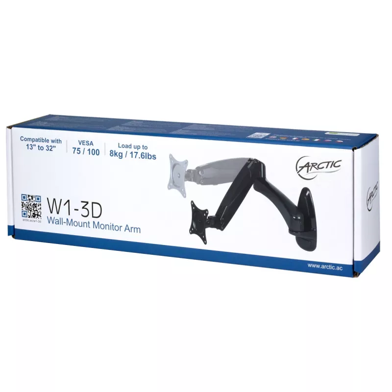 ARCTIC W1-3D - Monitor Wall Mount with Gas Lift Technology, 8 kg, 33 cm (13 inch), 81.3 cm (32 inch), 75 x 75 mm, 100 x 100 mm, Juoda
