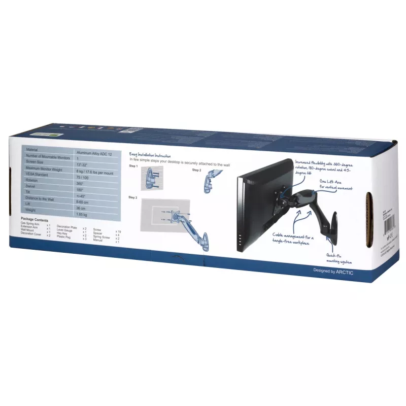 ARCTIC W1-3D - Monitor Wall Mount with Gas Lift Technology, 8 kg, 33 cm (13 inch), 81.3 cm (32 inch), 75 x 75 mm, 100 x 100 mm, Juoda