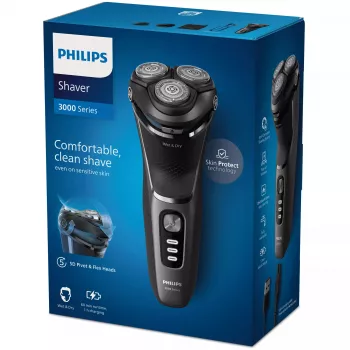 Elektrinis skustuvas Philips 3000 serija S3343/13 — 3 galvučių rotorinis, šlapias ir sausas skustuvas, 60 min. baterijos veikimo laikas, PowerCut peiliukai