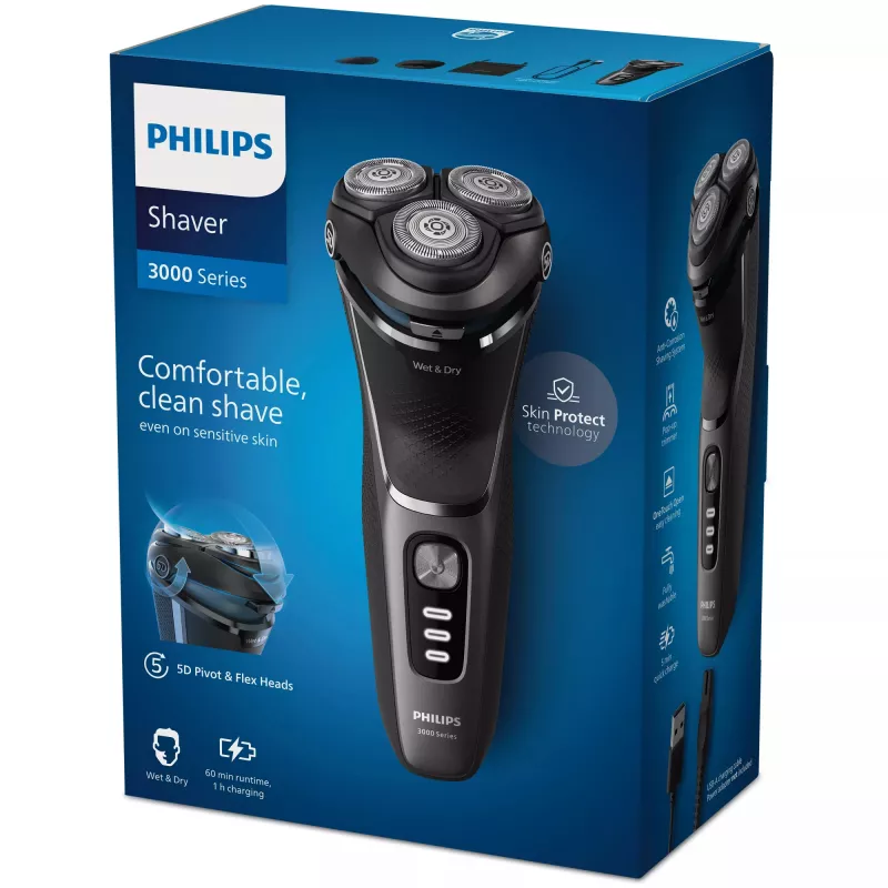 Elektrinis skustuvas Philips 3000 serija S3343/13 — 3 galvučių rotorinis, šlapias ir sausas skustuvas, 60 min. baterijos veikimo laikas, PowerCut peiliukai