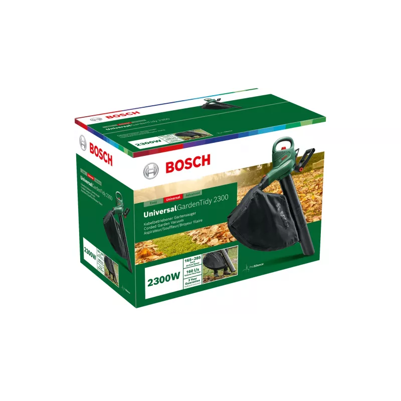 Rankinis pūstuvas Bosch Universal GardenTidy 2300 — 2300 W, 576 m³/h, 45 L surinkimo maišas, 185–285 km/h, smulkinimo funkcija
