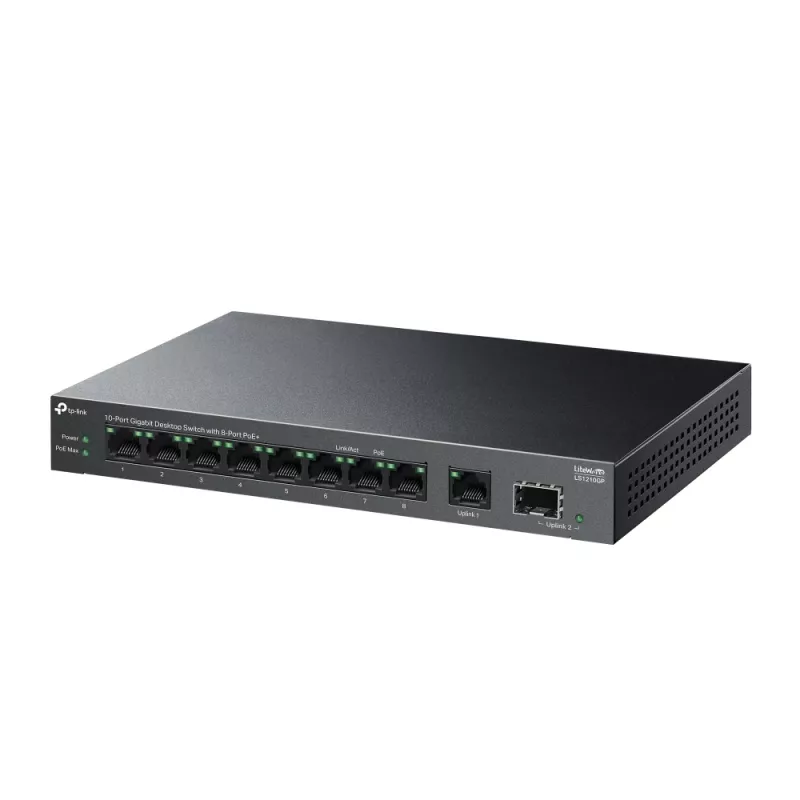 Nevaldomas jungiklis TP-LINK LS1210GP 10 prievadų Gigabit, 8× PoE+ (61 W bendra galia), 1× SFP, 9× RJ‑45 Gigabit