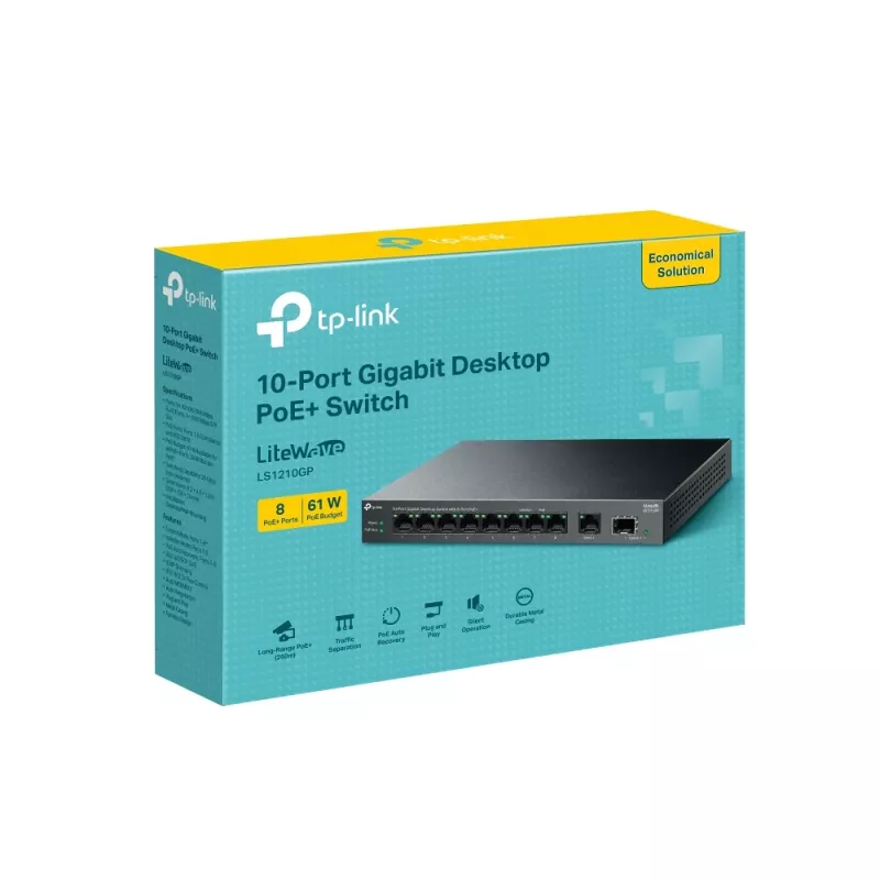Nevaldomas jungiklis TP-LINK LS1210GP 10 prievadų Gigabit, 8× PoE+ (61 W bendra galia), 1× SFP, 9× RJ‑45 Gigabit