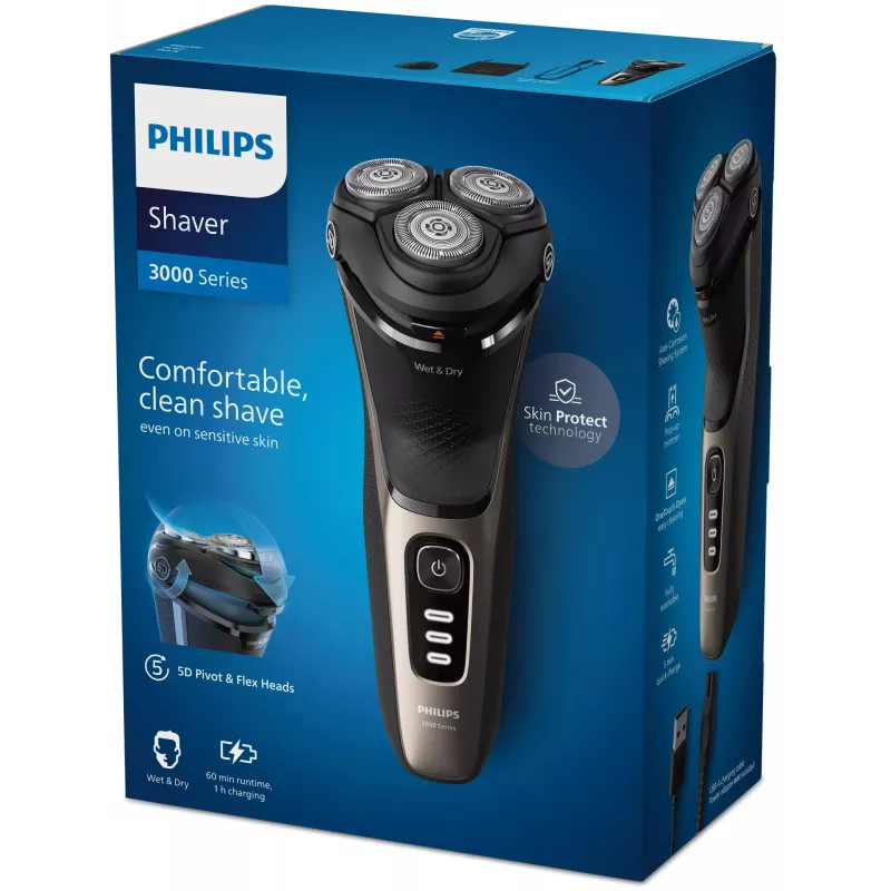 Elektrinė barzdaskutė Philips 3000 Series S3242/12 — 3 galvučių rotacinė, skirta šlapiam ir sausam skutimuisi, 60 min. veikimo laikas, ličio jonų baterija