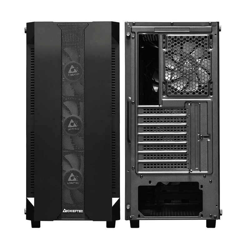 PC korpusas CHIEFTEC GS-01B-OP Tower Black — grūdintas stiklas, RGB ventiliatoriai, palaiko ATX/Micro-ATX, GPU iki 320 mm