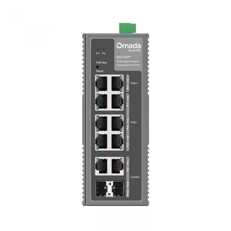 TP-Link Omada 10 prievadų gigabitinis pramoninis lengvai valdomas komutatorius su 6 prievadų PoE+ ir 2 prievadų PoE++