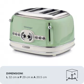 Ariete 156 4 dalių vintage skrudintuvas, 1600 W, 6 skrudinimo lygiai, nerūdijantis plienas, dažytas pasteline žalia spalva, be sumuštinių laikiklių. Žalia
