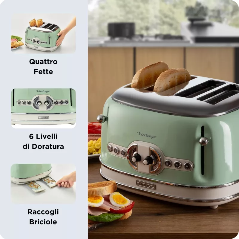 Ariete 156 4 dalių vintage skrudintuvas, 1600 W, 6 skrudinimo lygiai, nerūdijantis plienas, dažytas pasteline žalia spalva, be sumuštinių laikiklių. Žalia