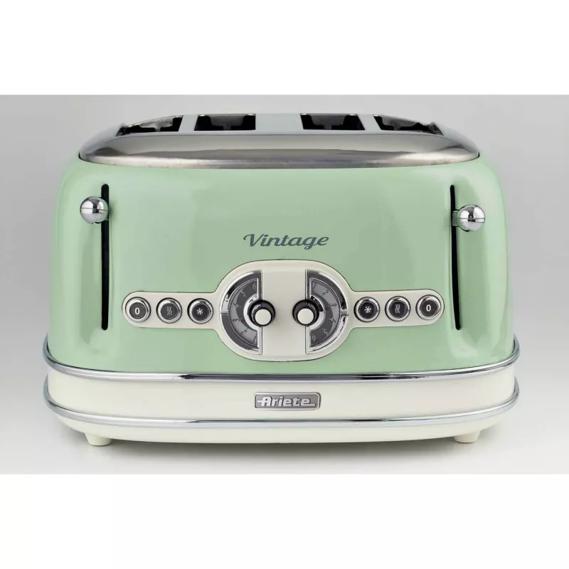 Ariete 156 4 dalių vintage skrudintuvas, 1600 W, 6 skrudinimo lygiai, nerūdijantis plienas, dažytas pasteline žalia spalva, be sumuštinių laikiklių. Žalia