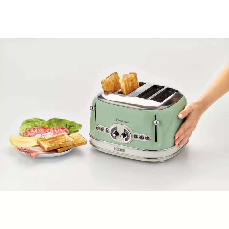 Ariete 156 4 dalių vintage skrudintuvas, 1600 W, 6 skrudinimo lygiai, nerūdijantis plienas, dažytas pasteline žalia spalva, be sumuštinių laikiklių. Žalia